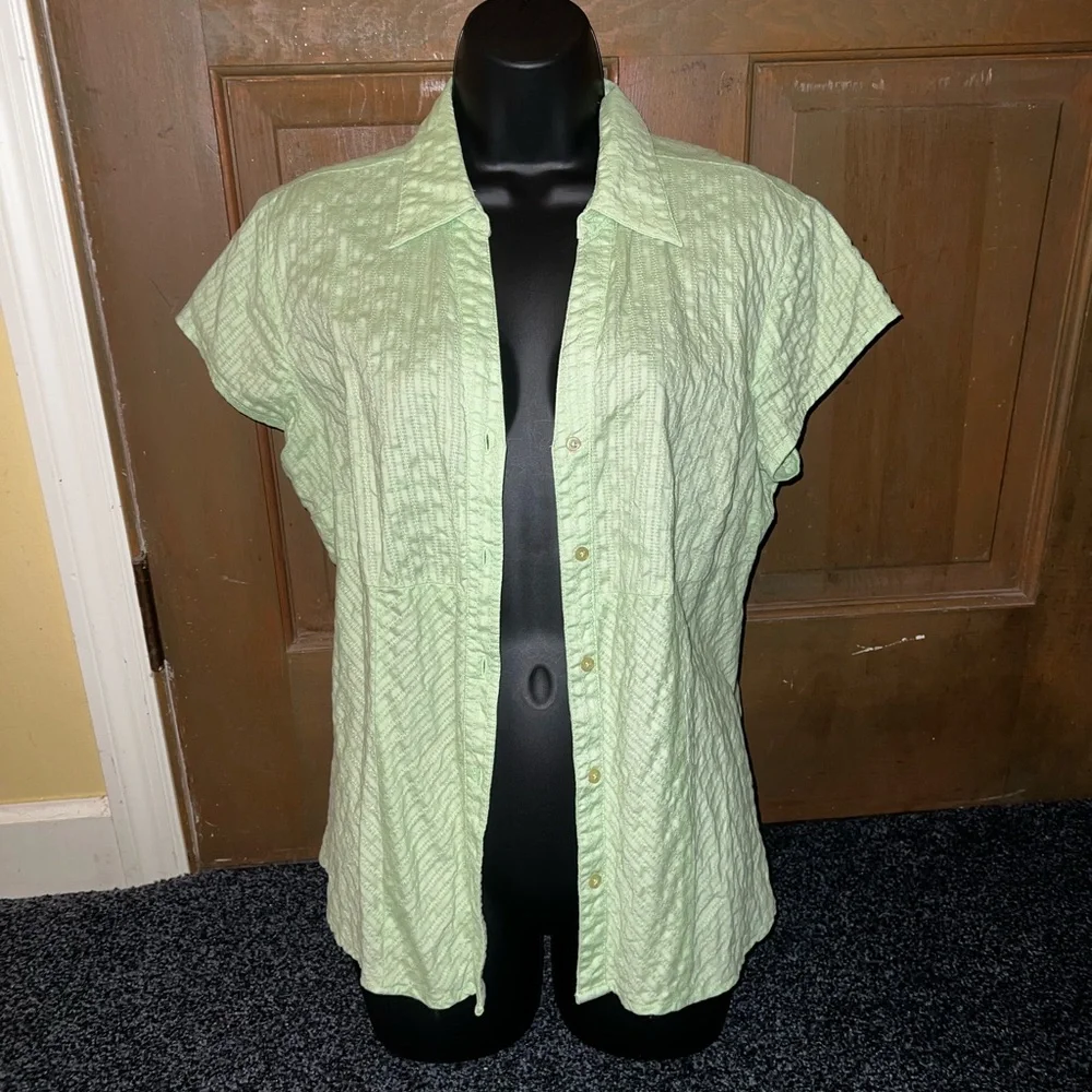 3/$15 Sonoma Green Textured Button Down Short Sleeve Top Size L - Picture 4 of 8